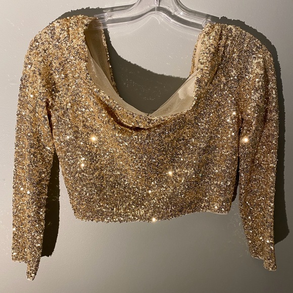 ZARA - Gold Sequin Off Shoulder 3/4 SL Crop Top - Picture 2 of 4